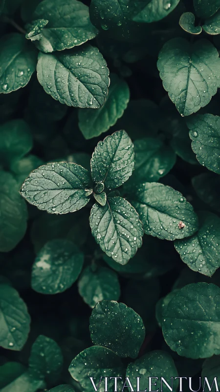 Quiet mint leaves resting under gentle morning raindrops.
