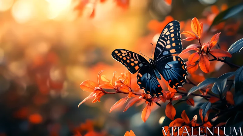Sunlit black butterfly pauses gently on glowing orange blooms