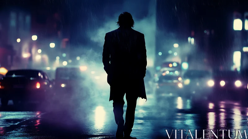 Lone figure walks through neon city rain at night.