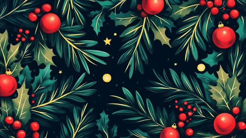 Festive holly foliage and red baubles seamless Christmas pattern.