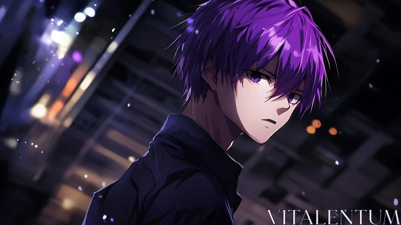 Midnight city drifts around a violet‑haired loner’s gaze.