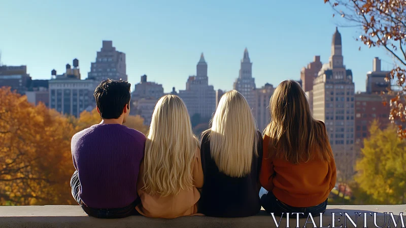 Backlit friends overlooking urban skyline in clear autumn light