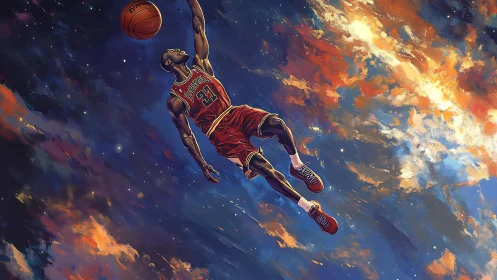 Aerial basketball ascent through nebular sky gradients.