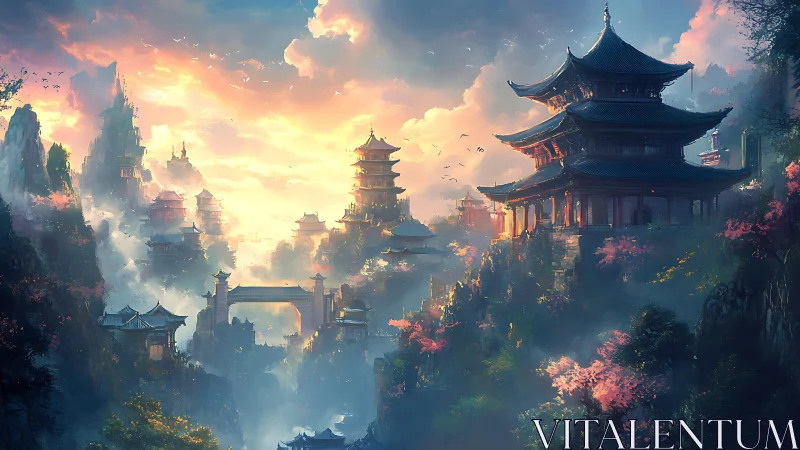 Luminescent mountain pagoda city in cinematic misty dawn.