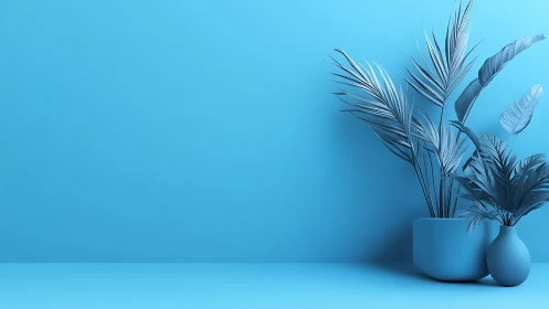 Monochrome cyan 3D potted tropical foliage on minimal plane