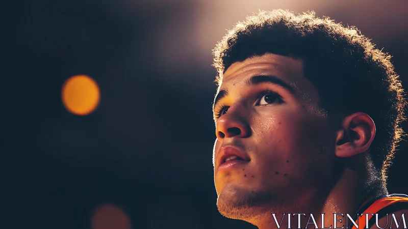 Basketball player portrait under warm arena spotlight.