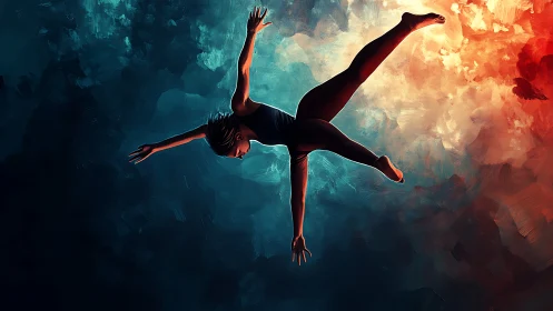 Falling figure suspended between cool blue and fiery light.
