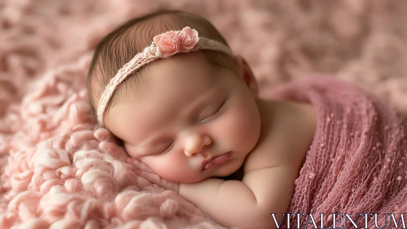 Sleeping newborn girl with pink floral headband rests peacefully