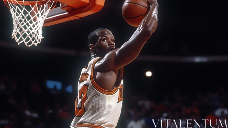Basketball player executing two-handed dunk in arena.