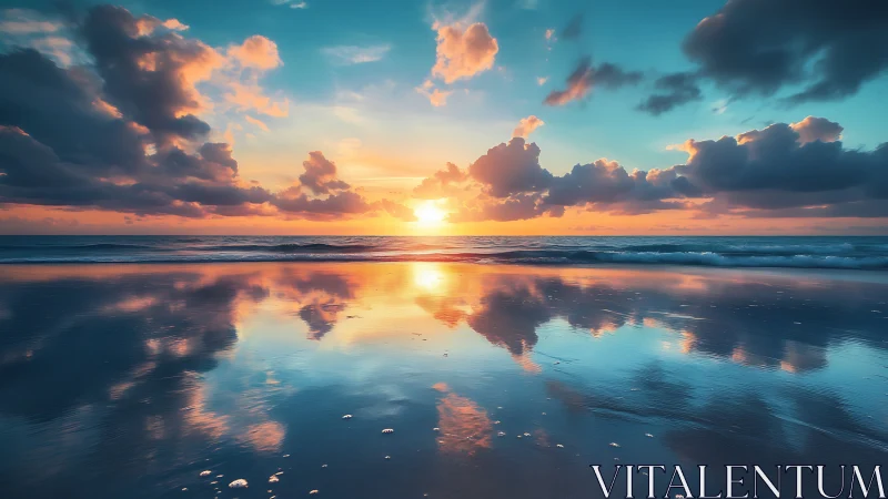 Ocean horizon at sunset with reflective wet shoreline view.