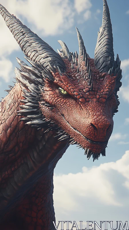 Majestic red dragon lifts its proud gaze toward soft skies
