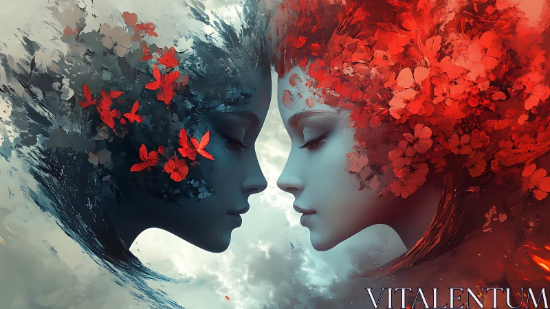 Dual Faces Bloom. Contrasting Red and Blue Abstract Minds.