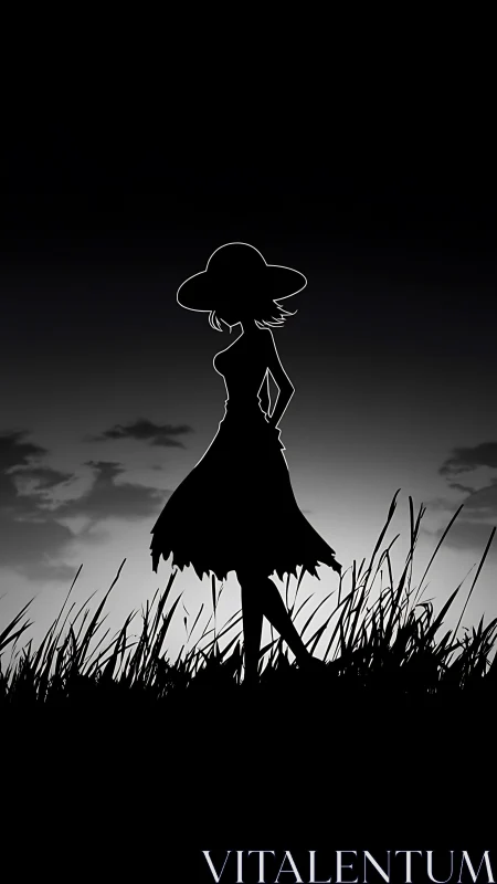 Silhouette of girl in hat stands in grass against twilight sky