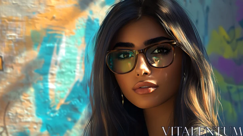 Digital portrait of woman with glasses by graffiti wall.