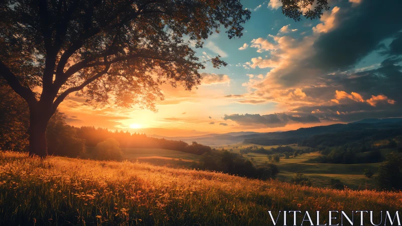 Golden sunset bathes a peaceful countryside meadow in light