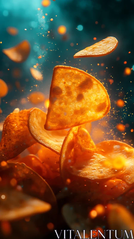 Golden potato chips swirl amid glowing seasoning sparks.