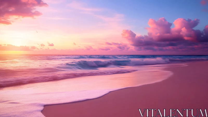 Pastel sunset shoreline renders luminous clouds and surf