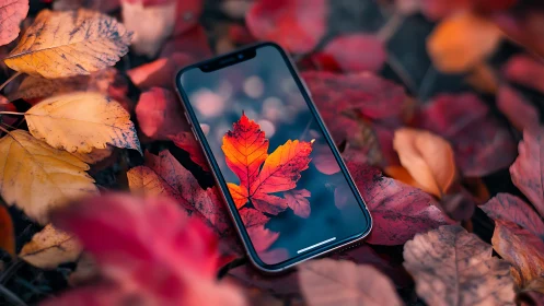 Smartphone screen mirrors vivid autumn leaf in soft focus