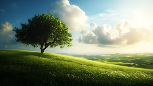 Lone tree crowns sunlit hills under sweeping spring sky.