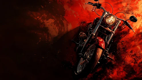 Red cruiser motorcycle on intense fiery abstract background.