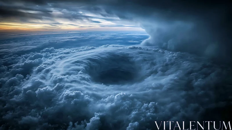 Cyclonic cloud vortex under dramatic twilight sky.