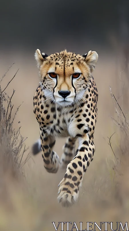 Cheetah sprinting through blurred savanna grassland habitat.