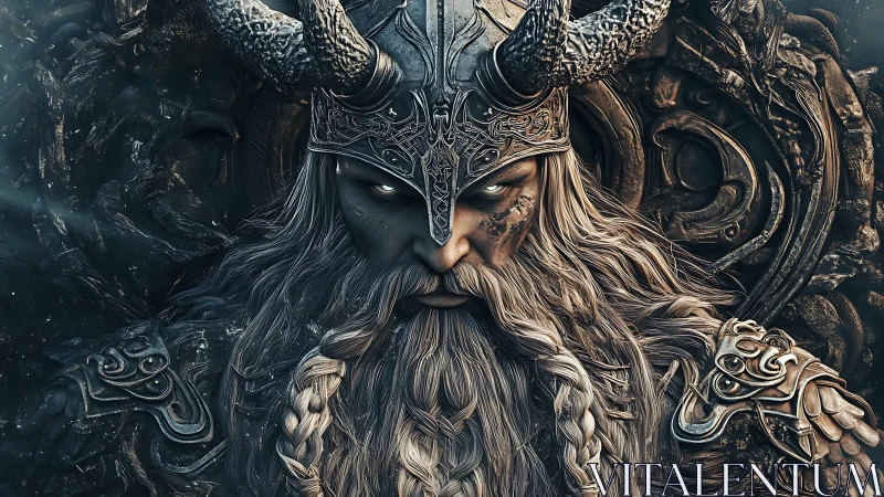 Storm-eyed Viking warlord in ornate horned helm portrait.