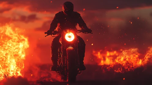 Silhouetted motorcyclist advances through blazing fire corridor