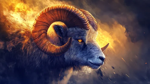 Fiery horned ram emerges from swirling storm clouds.