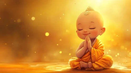 Serene baby monk in radiant golden meditation glow.