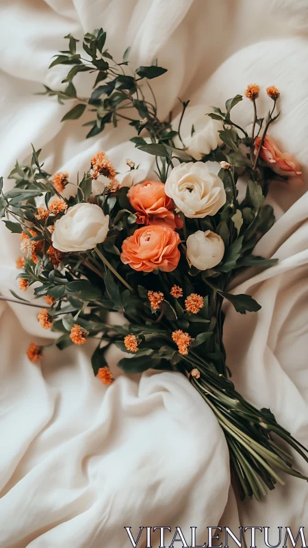 Cream and Coral Floral Arrangement on Silk Textile.