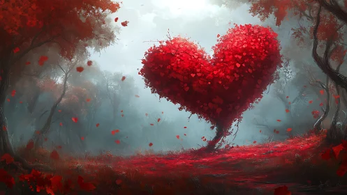 Giant Red Heart Floating in Misty Forest with Falling Petals.