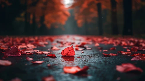 Single wet red leaf rests on asphalt amid fallen foliage
