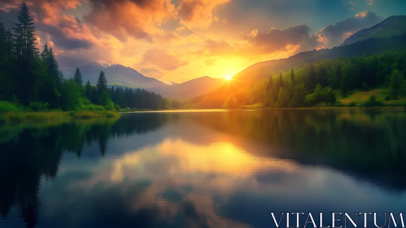 Sunset over calm mountain lake with forest reflections.
