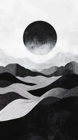Monochrome eclipse above layered abstract ridge waves.