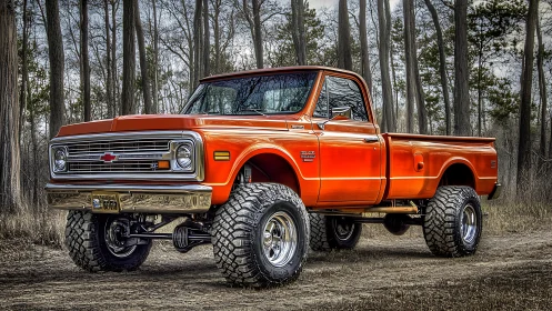 Restored lifted orange classic pickup truck in forest setting.