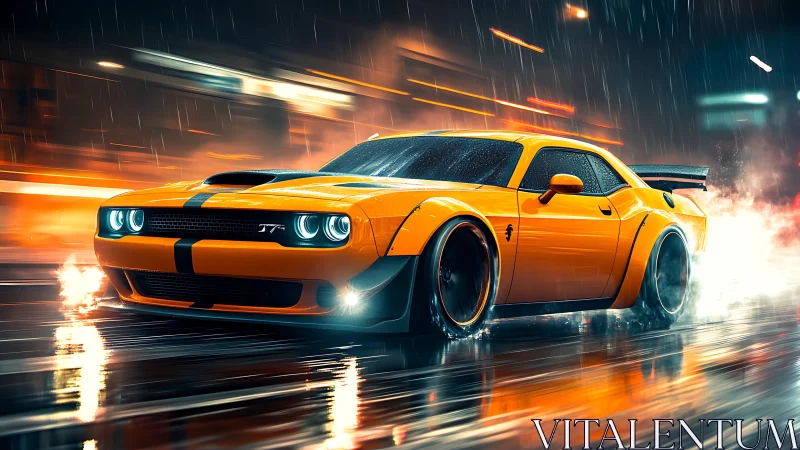 Widebody yellow muscle car drifting through neon rain streets