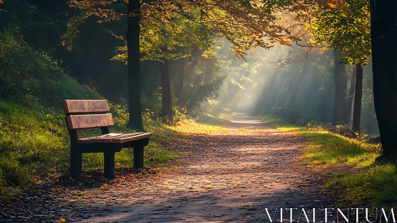 Wooden Bench on Forest Path with Golden Hour Volumetric Light