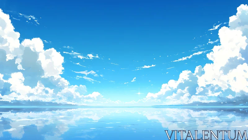 Endless blue horizon reflects towering summer clouds perfectly