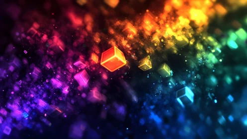 Vibrant floating cubes in abstract digital art, rainbow spectrum effect.