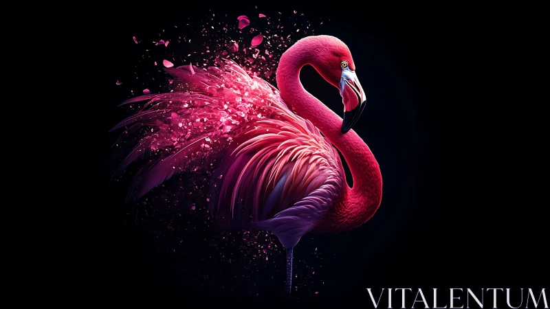 Neon pink flamingo rendered with particle-dispersing plumage dynamics