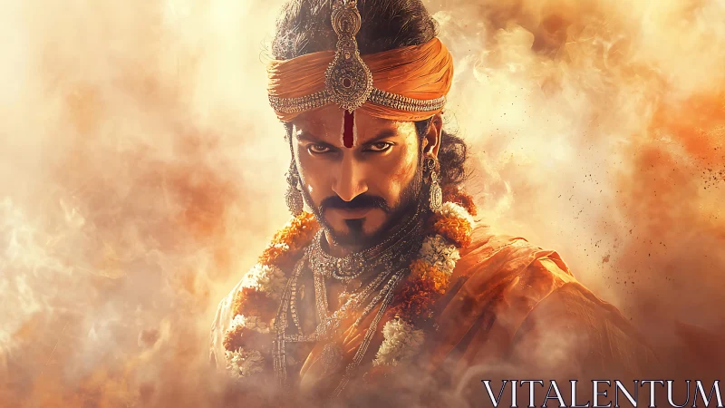 Warrior king portrait amid swirling golden smoke clouds.