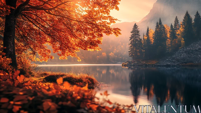 Autumn lake forest glows under low golden sunset light.