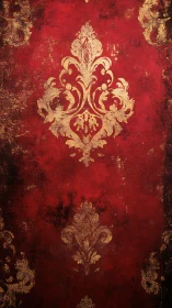 Weathered red damask wallpaper with aged gold motifs.