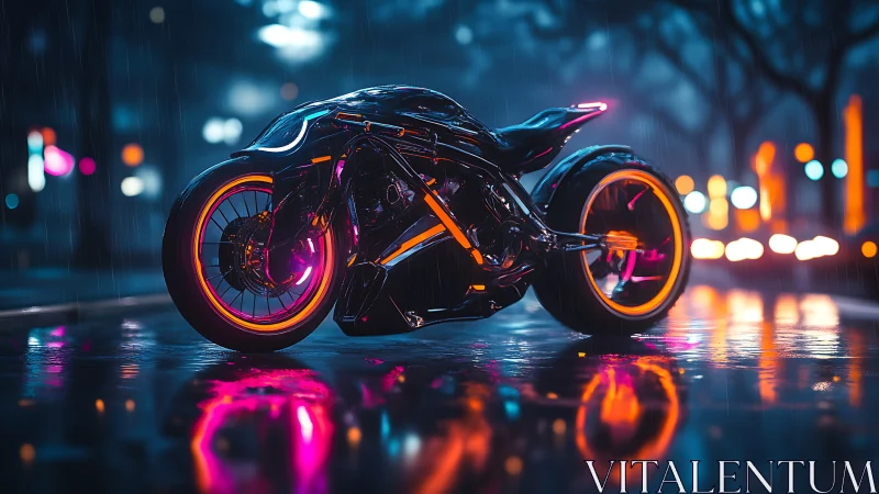 Futuristic neon motorcycle on wet city street at night.
