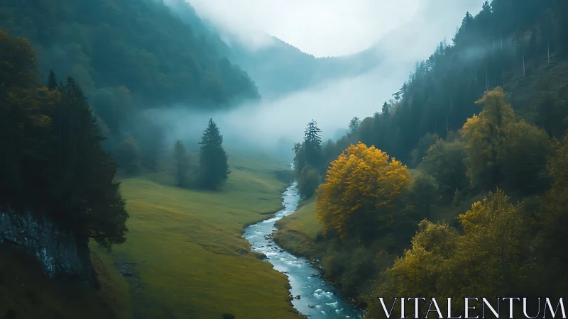 Fog-kissed valley river whispering through autumn hush.