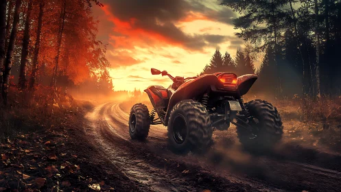 Quad bike on muddy forest track at sunset in autumn.