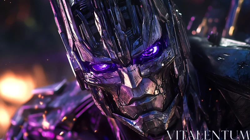 Cybernetic warlord close-up in high-contrast neon alloys.