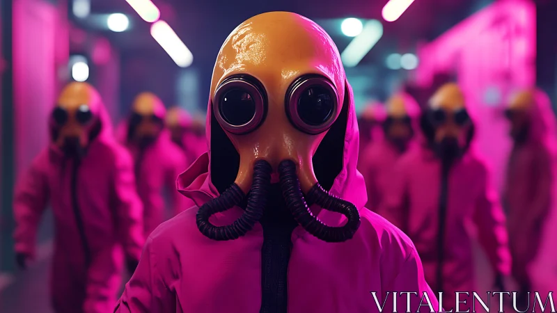 Neon corridor march of masked figures in hazmat pink suits.