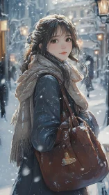 Snowlit city stroll with scarf-wrapped daydreamer girl.